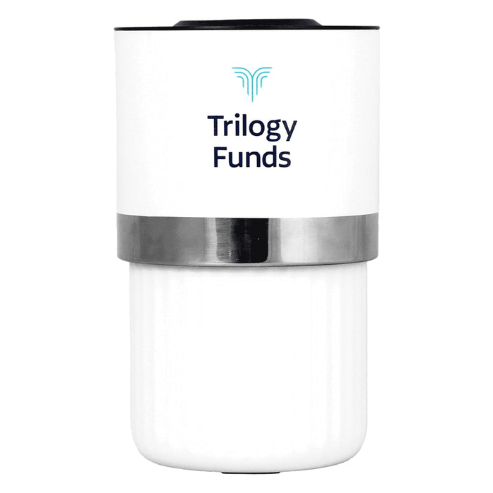Trekk Insulated Adjustable Wine Cooler - A drink bottle with a white exterior, silver band, and a logo. It features an insulated design for temperature retention.