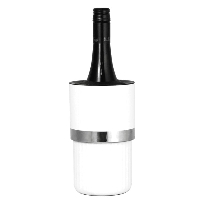 Trekk Insulated Adjustable Wine Cooler - A drink bottle in a white insulated cooler with a silver band, holding a wine bottle. Features a branding logo.