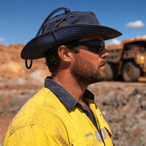 Trekk Recycled Surf Hat - A blue recycled surf hat worn by a man in safety gear, with sunglasses, set against an industrial background.