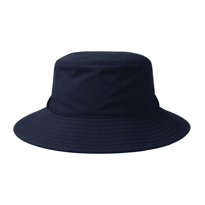 Trekk Recycled Surf Hat - A navy recycled surf hat with a wide brim and a structured crown, featuring a logo on the side.