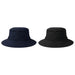 Trekk Recycled Surf Hat - Two recycled surf hats are displayed, one in navy blue and the other in black, both with wide brims and a logo.