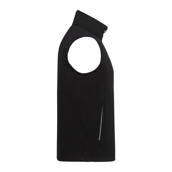 Men's Joris Eco Waterproof Softshell Vest - A black eco waterproof softshell vest featuring a high collar and side zip pocket. It has a logo on the fabric.