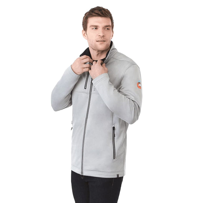 Men's Joris Eco Waterproof Softshell Jacket - A grey men's softshell jacket featuring a zip front and zippered pockets, worn by a model with a logo on the sleeve.