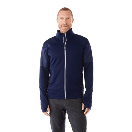 Men's Senger Knit Full Zip Performance Jacket w/ Thumb Holes - A men's navy performance jacket featuring a full zip and thumb holes, with an attached logo.