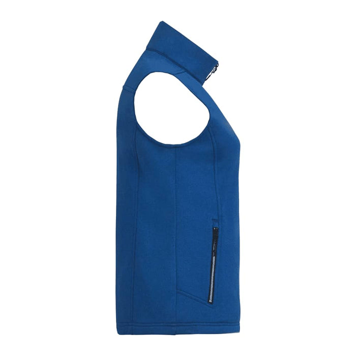 Women's Joris Eco Waterproof Softshell Vest - A blue women's softshell vest with a high collar and zippered pocket, featuring a logo.