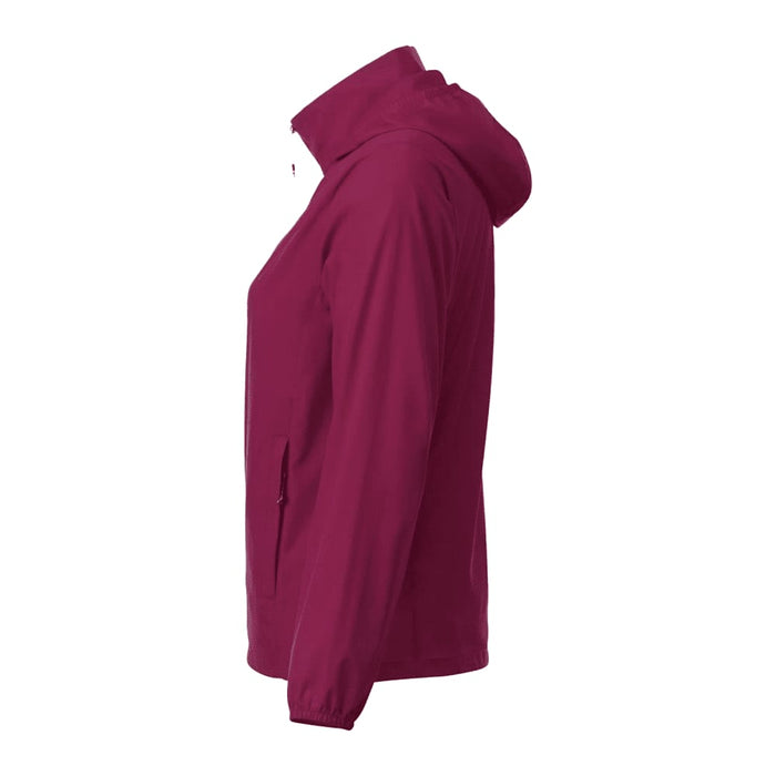 Women's TOBA Packable Jacket - A women's packable rain jacket in a deep burgundy colour, featuring a hood and side pockets. It has a logo.