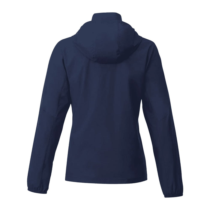 Women's TOBA Packable Jacket - A navy women's packable jacket featuring a hood and long sleeves, with a logo on the back.