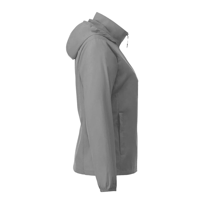 Women's TOBA Packable Jacket - A grey women's packable rain jacket featuring a hood and a logo.