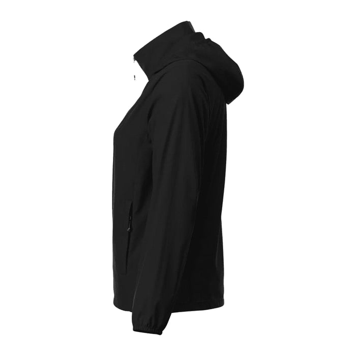 Women's TOBA Packable Jacket - A women's black packable rain jacket featuring a hood and side pockets, displayed in a side view.