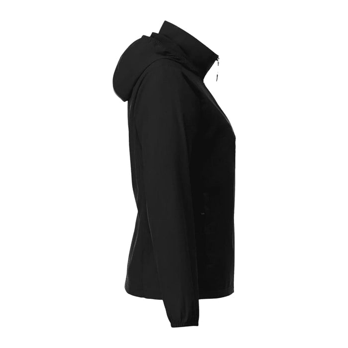 Women's TOBA Packable Jacket - A black women's packable rain jacket with a hood, featuring a sleek, fitted design and a logo.