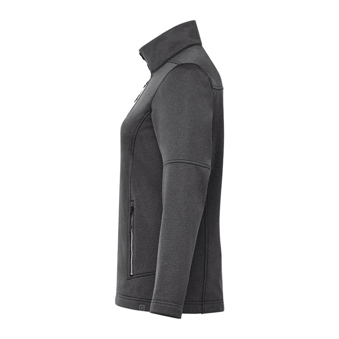 Women's Joris Eco Waterproof Softshell Jacket - A black women's softshell jacket with a high collar and zippered pockets, featuring a logo.
