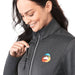Women's Joris Eco Waterproof Softshell Jacket - A grey women's softshell jacket with a zippered pocket, featuring a colourful logo on the chest.