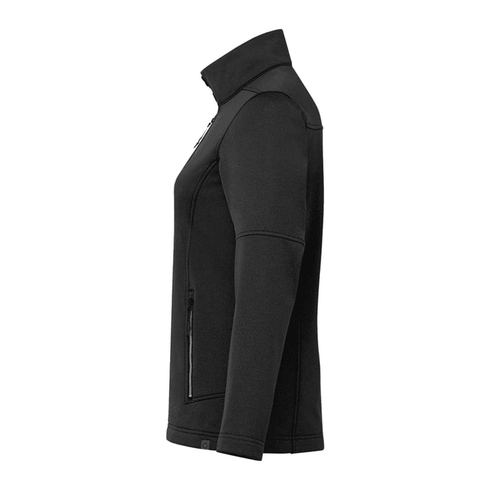 Women's Joris Eco Waterproof Softshell Jacket - A black women's softshell jacket with a high collar, featuring zip pockets and a logo.