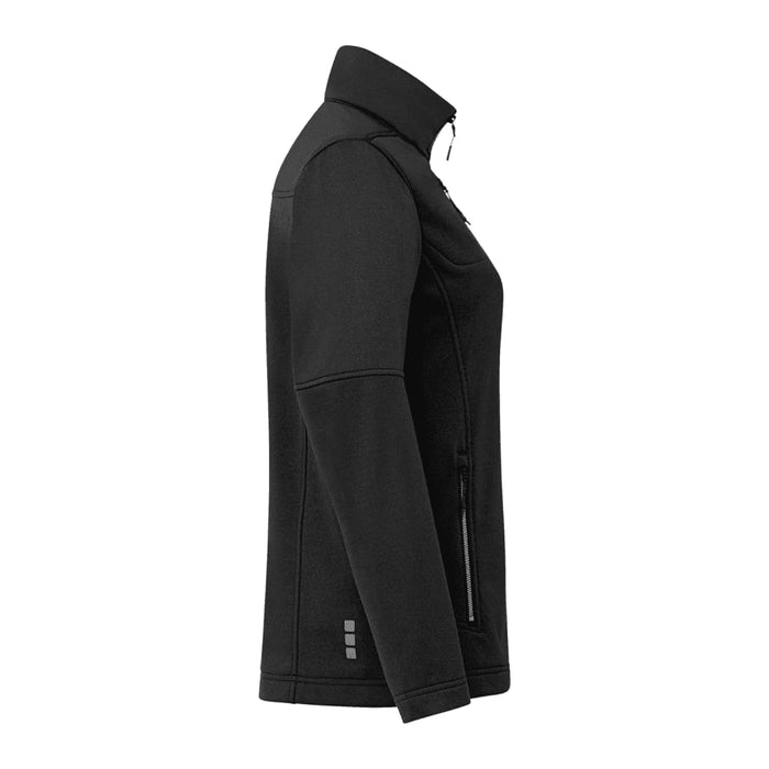 Women's Joris Eco Waterproof Softshell Jacket - A black women's eco waterproof softshell jacket with a high collar and zippered pockets. It features a logo.