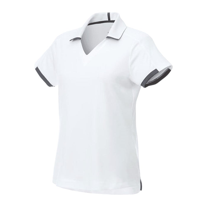 Women's Cerrado Short Sleeve Performance Polo - A white short sleeve polo shirt with grey accents and a collar, featuring a logo.