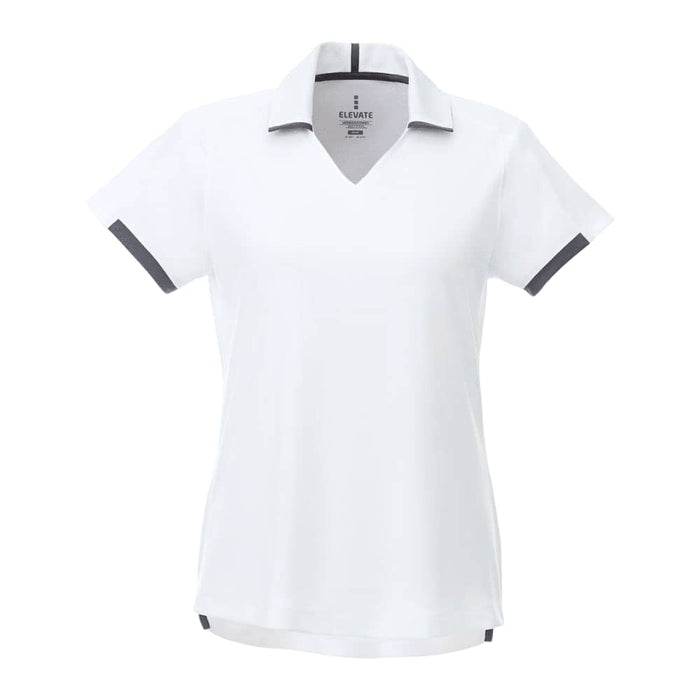 Women's Cerrado Short Sleeve Performance Polo - A women's short sleeve performance polo in white with grey accents and a v-neck design, featuring a logo.