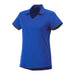 Women's Cerrado Short Sleeve Performance Polo - A blue women's performance polo shirt with short sleeves and a V-neck design, featuring a logo on the chest.