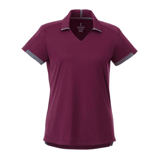 Women's Cerrado Short Sleeve Performance Polo - A women's short sleeve polo shirt in maroon with grey accents and a v-neck design. Features a logo.