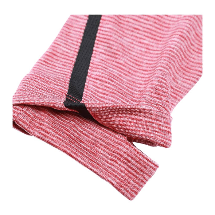 Women's Dege Eco Knit Performance Half Zip - A close-up of a pink striped fabric with a contrasting black trim, showcasing the texture and design of a half zip jumper.