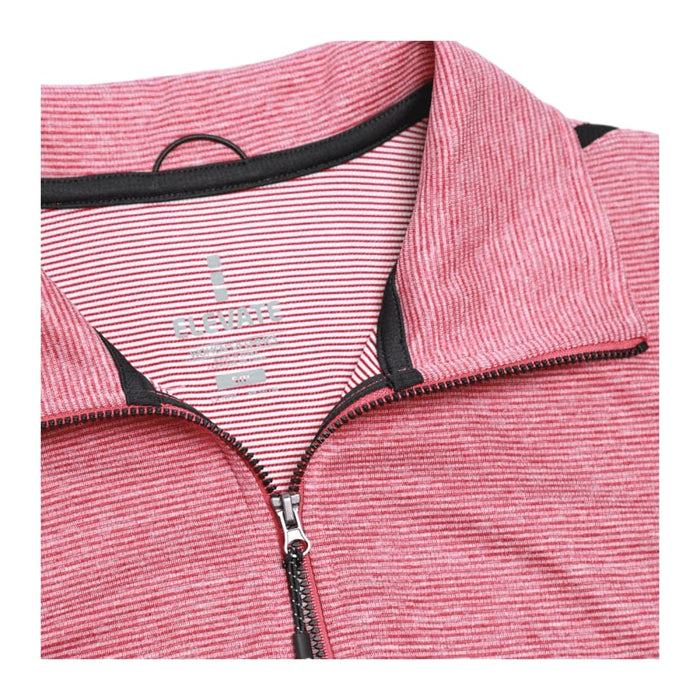 Women's Dege Eco Knit Performance Half Zip - A red and white striped half-zip jumper with a high collar and a logo. Features a smooth fabric texture.