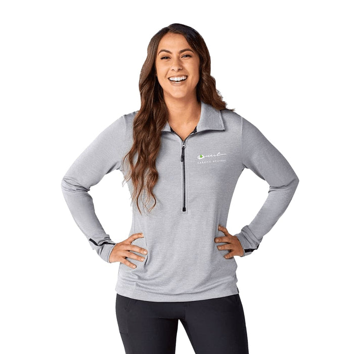 Women's Dege Eco Knit Performance Half Zip - A light grey women's half zip jumper with long sleeves and a small logo on the chest.