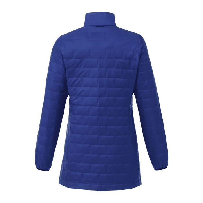 Womens Telluride Lightweight Packable Insulated Puffer Jacket - A blue women's lightweight packable insulated puffer jacket with a collar and long sleeves. Features a branding logo.