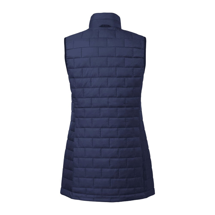 Women's Telluride Lightweight Packable Insulated Puffer Vest - A navy blue women's insulated puffer vest, featuring a quilted design and a high collar. It has a logo on the back.