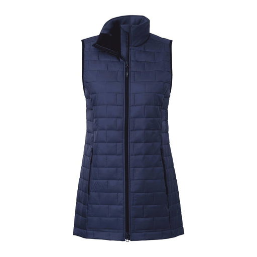 Women's Telluride Lightweight Packable Insulated Puffer Vest - A navy women's lightweight packable insulated puffer vest with a high collar and a zip closure.