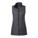 Women's Telluride Lightweight Packable Insulated Puffer Vest - A women's lightweight packable insulated puffer vest in dark grey, featuring a high collar and zip closure, with a branding logo.