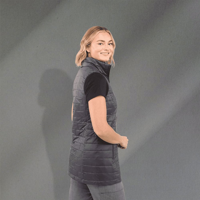 Women's Telluride Lightweight Packable Insulated Puffer Vest - A lightweight, packable insulated puffer vest in dark grey, featuring a high collar and a fitted design.