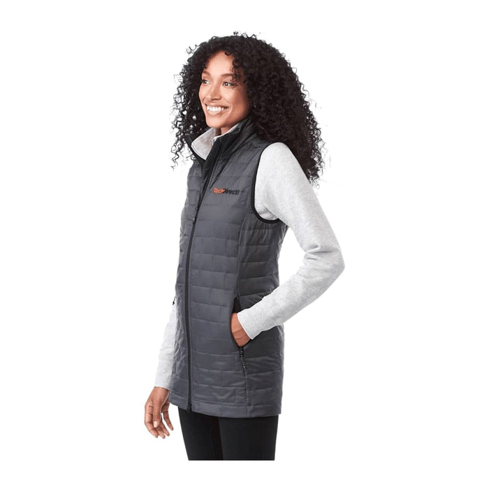 Women's Telluride Lightweight Packable Insulated Puffer Vest - A lightweight, packable insulated puffer vest in dark grey, featuring a sleek design and a logo on the chest.