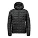 Men's Tundra Thermal Jacket - A black puffer jacket with a hood, featuring a quilted design and a front zipper. It has a logo on the chest.