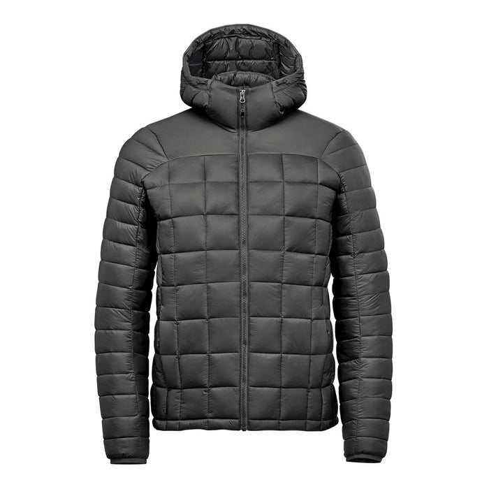 Men's Tundra Thermal Jacket - A black puffer jacket with a hood, featuring a quilted pattern and a full zip closure. It has a logo on it.
