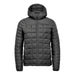 Men's Tundra Thermal Jacket - A black puffer jacket with a hood, featuring a quilted pattern and a full zip closure. It has a logo on it.