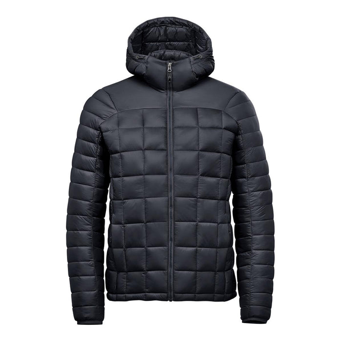 Men's Tundra Thermal Jacket - A puffer jacket in black, featuring a hood and a quilted design, with a zip closure and branding.