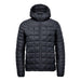 Men's Tundra Thermal Jacket - A puffer jacket in black, featuring a hood and a quilted design, with a zip closure and branding.