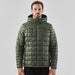 Men's Tundra Thermal Jacket - A green puffer jacket with a hood, featuring a quilted design and a front zip. Includes a logo.
