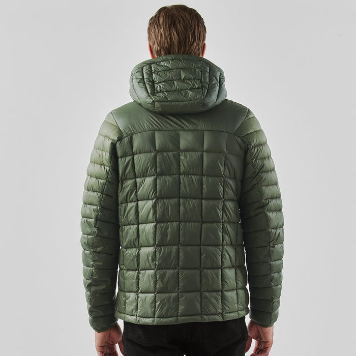 Men's Tundra Thermal Jacket - A men's puffer jacket in a muted green colour, featuring a hood and a quilted pattern on the back.