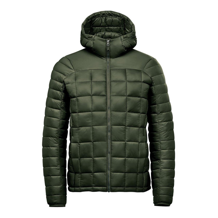 Men's Tundra Thermal Jacket - A green puffer jacket with a hood, featuring a quilted design and a zip closure at the front. It has a logo.