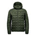 Men's Tundra Thermal Jacket - A green puffer jacket with a hood, featuring a quilted design and a zip closure at the front. It has a logo.