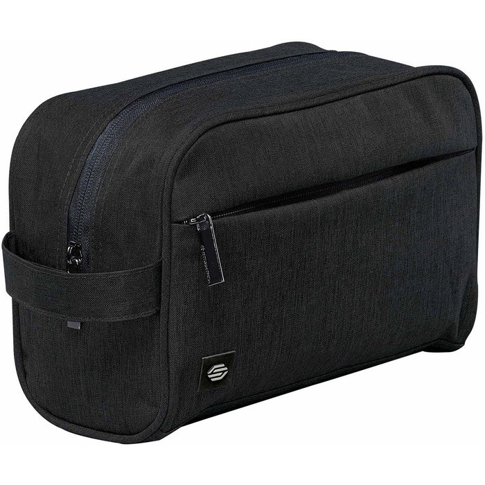 Cupertino Toiletry Bag - A black toiletry bag with a zippered main compartment and a front pocket, featuring a logo.