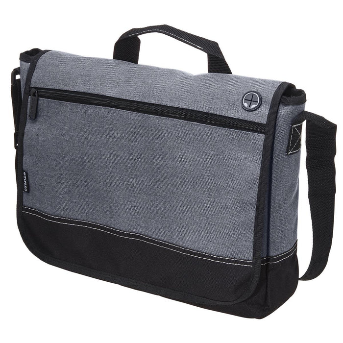 Tirano Laptop Satchel - A grey and black laptop satchel with a front pocket and an adjustable shoulder strap, featuring a logo.