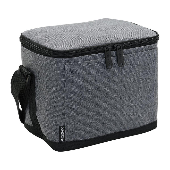 Tirano 6 Pack Cooler - A grey cooler bag with a zip closure and a sturdy handle for easy carrying. Features a logo on the side.