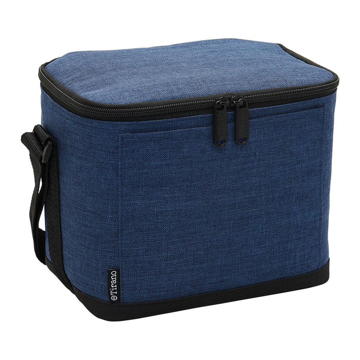 Tirano 6 Pack Cooler - A blue cooler bag with a zippered top and a black trim, featuring a shoulder strap and a logo.