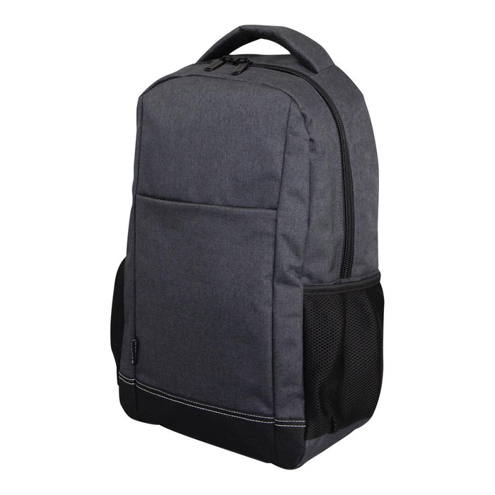 Tirano Laptop Backpack - A black and grey laptop backpack with a zipper closure and side mesh pockets. It features a logo on the front.