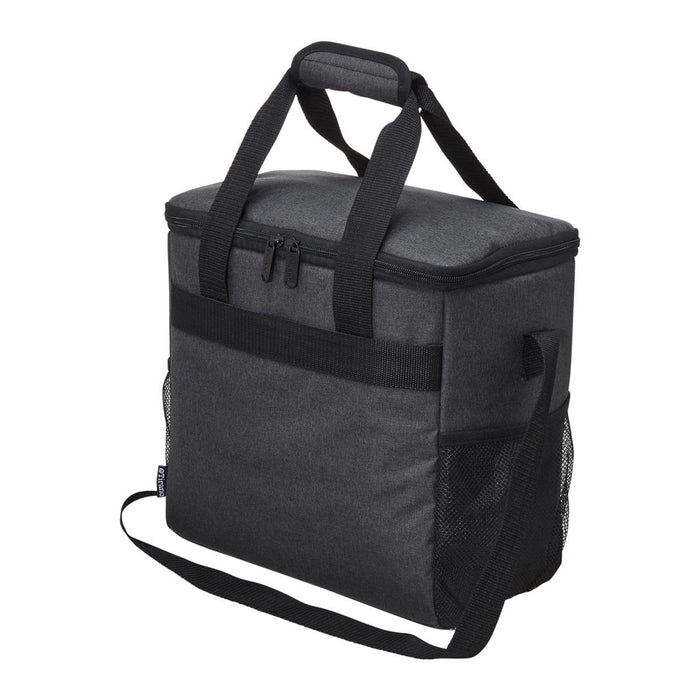 Tirano Cooler - A grey cooler bag with a zippered top, handles, and a side mesh pocket. Features a logo.