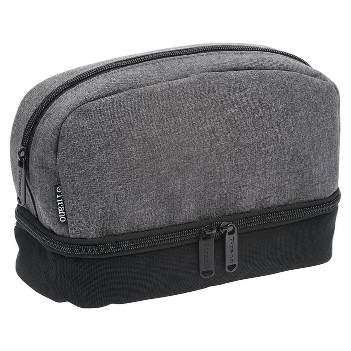 Tirano Toiletry Bag - A grey and black toiletry bag with a rounded top and dual zip closures, featuring a logo.