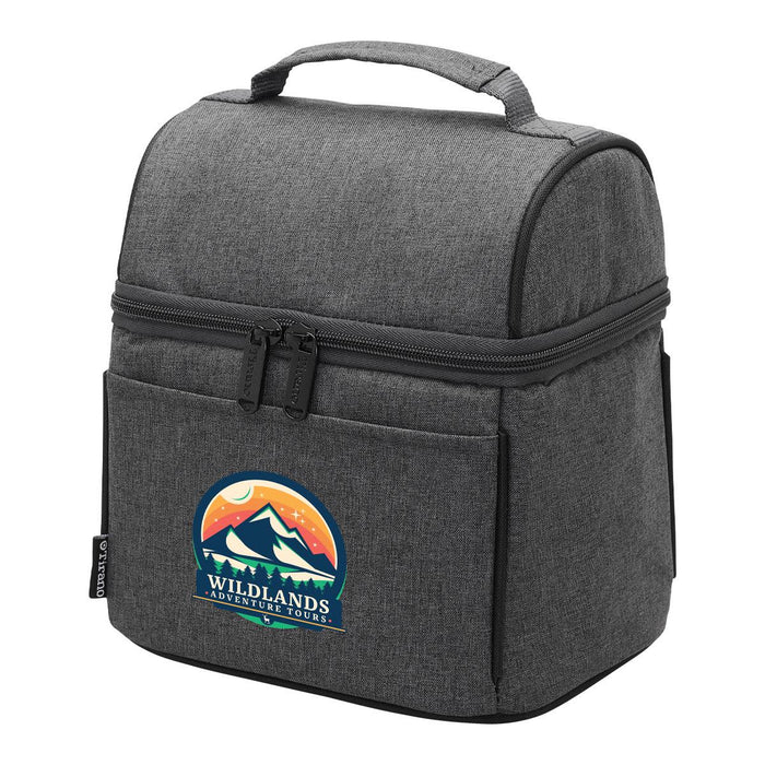 Tirano Lunch Cooler - A grey lunch cooler bag featuring a front pocket and a branded logo. It has a top handle for easy carrying.