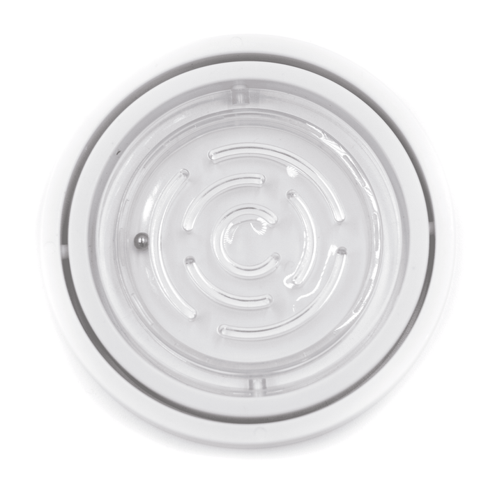 The Amazing Fidget - A circular fidget toy in clear plastic featuring a spiral maze design with a small ball inside.