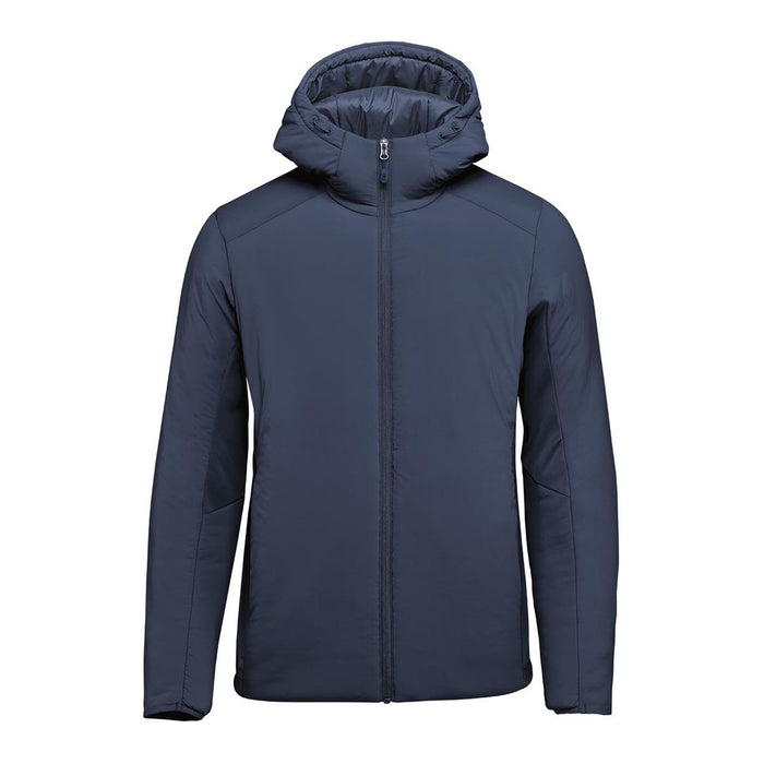 Men's Cascadia Thermal Jacket - A navy puffer jacket featuring a hood and a front zip closure. The jacket has a simple design and includes a logo.